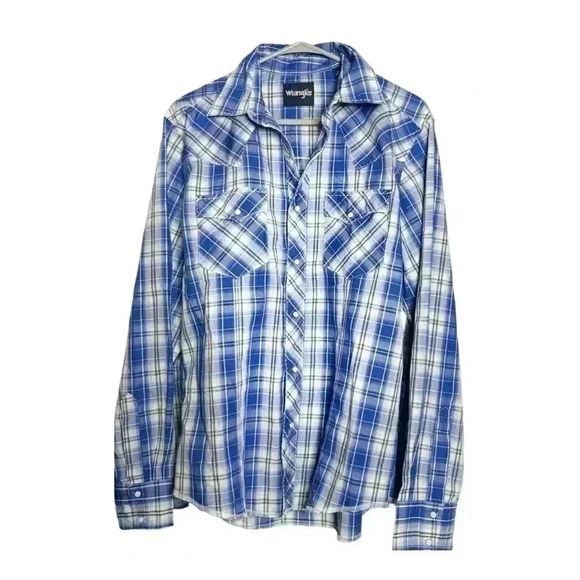Men's Wrangler Button Down Shirt with Blue Snap Buttons in Blue
Check ~ Size M - Picture 1 of 8